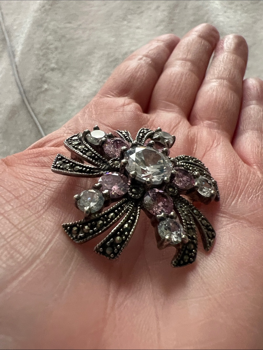 Silver Floral Clear Pink Stones Marcasite Brooch/Pendant